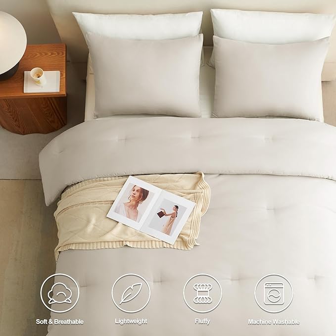 CozyLux Oversized King Comforter Set Beige, 3 Pieces 120x98 Solid Breathable Quilted Bedding Sets for All Seasons, Luxury Soft Lightweight Bed Set with Down Alternative Comforter and 2 Pillowcases