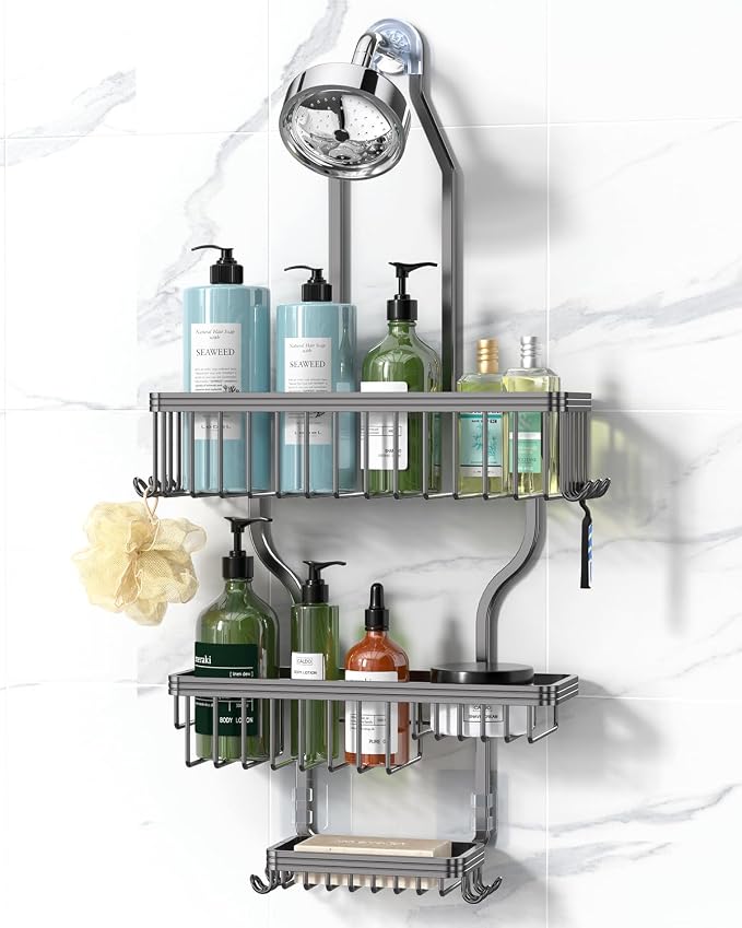YASONIC Shower Caddy Hanging - Never Rust Organizer - Aluminum over The head caddy with 10 Hooks for Razor/Sponge - Shower Rack with Soap Basket - Grey by YASONIC