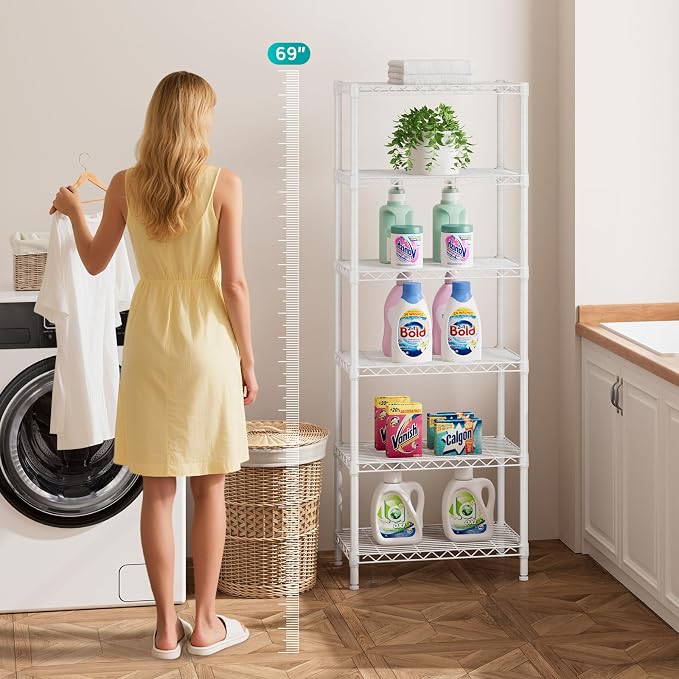 SINGAYE 6 Tier Shelf Adjustable Storage Wire Shelving Unit Metal Shelves Standing Closet Bathroom Organizers Pantry Kitchen Garage Laundry Room Organization Home Rack 12" D X 22" W X 69.5" H White - Image 5