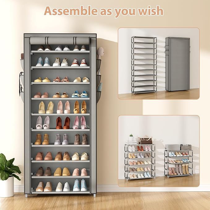 VTRIN Vertical Narrow Shoe Rack Organizer Tall Shoe Rack for Closet Entryway 10 Tier Non-Woven Cover Shoe Shelf Holds 36-41 Pairs Free Standing Shoe Storage Cabinet with Dustproof Cover, Grey - Image 5
