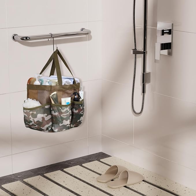 F-color Shower Caddy Portable - Mesh Shower Bag Basket Tote for College Dorm Room Essentials Bathroom Gym Camp Quick Dry for Women Men with S Hook, Brown Camouflage - Image 7