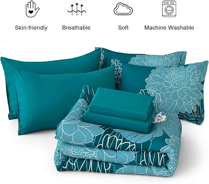 Yiran Full Comforter Set,Teal Elegant Floral Print Bed in a Bag 7 Pieces Comforter,Ultra Soft & Breathable Soft Microfiber Boho Bedding Set with Flat Sheet Fitted Sheet Pillowshams Pillowcases