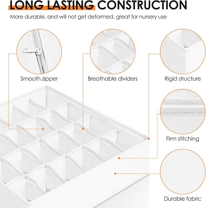 Criusia Drawer Organizer Clothes, 8 Pack Dresser Organizer Bins for Baby Clothes, Underwear Sock, Fabric Closet Organization and Storage Dividers for Nursery Bedroom (96 Compartments, White) - Image 4