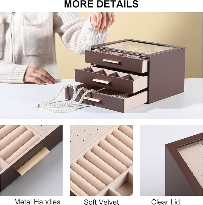 Frebeauty Clear Lid Jewelry Box,3-Layer Jewelry Organizer with Drawer,PU Leather Jewelry Organizers and Storage,Jewelry Boxes for Women,Jewelry Storage for Rings Earring Stud,Gift for Women(Brown) - Image 5