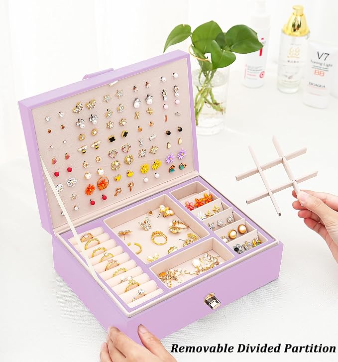 Earrings Jewelry Box for Girls, Large Capacity Jewelry Organizer with 40-Pair Earring Board, 2-Layer Leather Jewelry Storage Box for Necklaces Rings Bracelets with Removable Tray, LightPurple - Image 4
