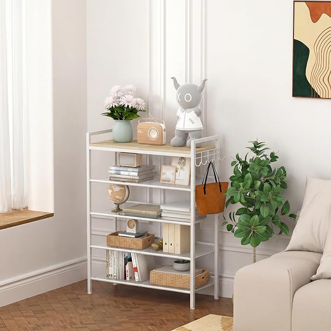 Refrze Shoe Rack for Front Door Entrance, 5 Tier Height-Adjustable Metal Shoe Rack, Sturdy Wooden Top and Tiltable Steel Frame Heavy Duty Shoe Organizer for Bathroom,Bedroom,Kitchen，Include Hook - Image 7