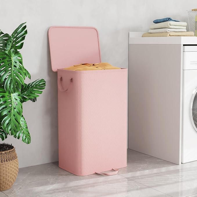 Lifewit Single Laundry Hamper with Lid and Removable Laundry Bags, Large Collapsible 1 Dividers Dirty Clothes Basket with Handles for Bedroom Laundry Room Closet Bathroom College, 100L Pink - Image 2
