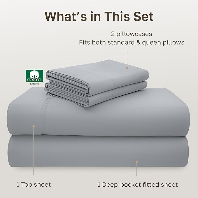 California Design Den Queen Size Sheet Set - Luxury 600 Thread Count Sateen, 100% Cotton Sheets, Deep Pockets with All Around Elastic for a Snug Fit, Durable Bedding Set - Light Grey
