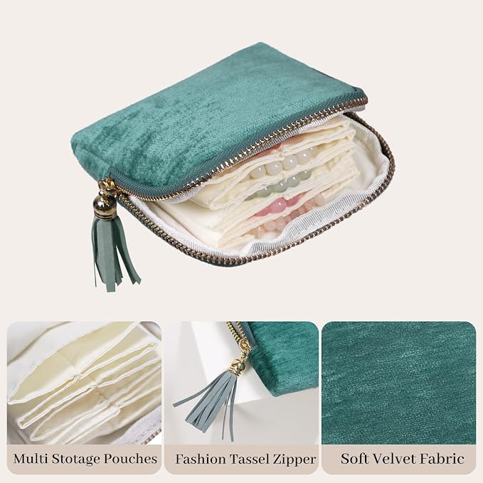 Stratalife Travel Jewelry Case - Portable Jewelry Pouches for Gemstones Healing Crystal, Bracelets Bangles Storage, Necklace Ring Holder Organizer with Zipper for Women, Mint Blue Tassel - Image 3