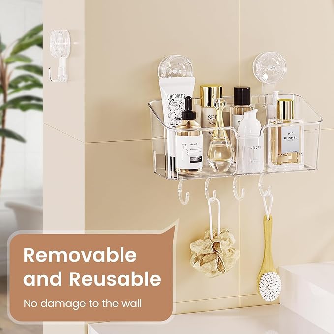 LUXEAR Suction Cup Shower Caddy Clear - Shower Caddy+Soap Dish+Suction Hooks - 1 Second Installation NO-Drilling Removable Powerful Waterproof Shower Organizer for inside Shower Bathroom - Image 7