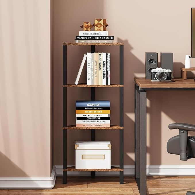 TUTOTAK Corner Shelf, 4-Tier Corner Bookshelf for Small Space, Narrow Display Corner Shelf Stand with Storage Rack, for Living Room, Bedroom, Rustic Brown BS05BB004 - Image 4
