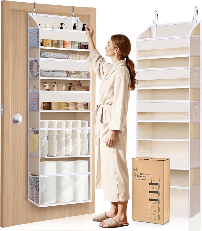 5 Tiers Over the Door Organizer with 10 Mesh Side Pockets, 44 lbs Weight Capacity Closet Hanging Storage Organizer with Large Clear Window Kids Toys, Shoes, Diapers, Beige by Unknown