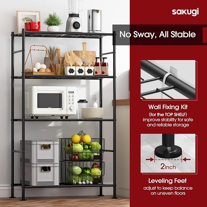 Sakugi Storage Shelves - 4 Tier Shelf Organizer, Heavy Duty Garage Shelving Unit with Leveling Feet, Stable Metal Shelves Organizer for Pantry, Kitchen and Closet, 33.0" W x 12.6" D x 57.2" H, Black - Image 5