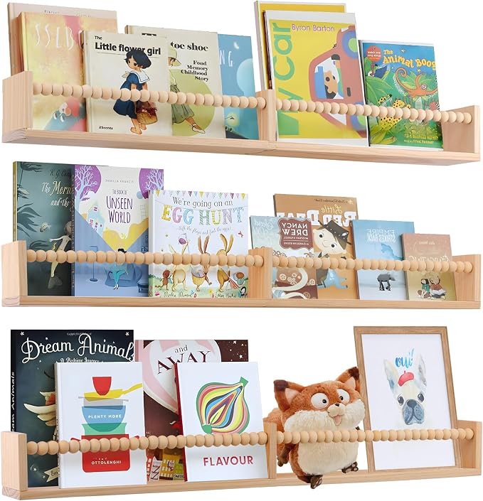 birola Nursery Book Shelves for Kids Rooms - 32 Inches Floating Wall Bookshelves Set of 3, Space-Saving Nursery Shelves with Beads Design for Kids Room, Bedroom and Study Room(Natural) by birola