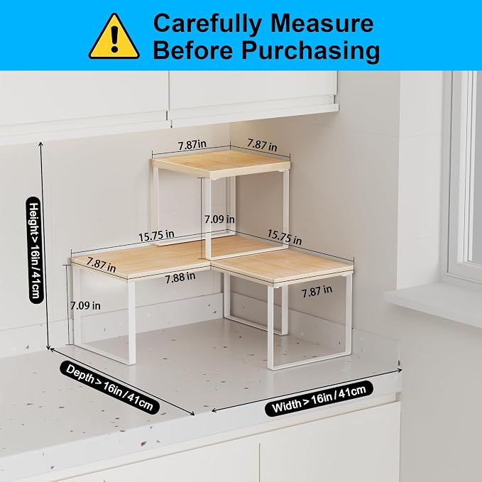 Golener Countertop Organizer Corner Shelf, 2 Tier Adjustable Stackable Corner Shelves for Kitchen, Bathroom, Spice Rack, Coffee Bar, Cabinet, Dresser Table, Corner Counter Shelf Stand, Natural Beige - Image 3