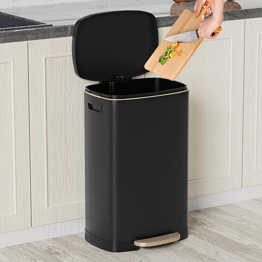 KdbK 13 Gallon Trash Can with Lid, 50L Fingerprint Proof Stainless Steel Kitchen Trash Can with Removable Inner Bucket and Lid Soft Close, Pedal Rubbish Bin for Home Office, Black - Image 2