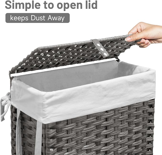 70L Slim Laundry Hamper with Lid & Wheels, 2-Park Rolling Laundry Basket with 4 Removable Liner Bags & 3 Mesh Bags, Narrow Dirty Clothes Basket, Foldable Handwoven Rattan Laundry Sorter, Grey - Image 5