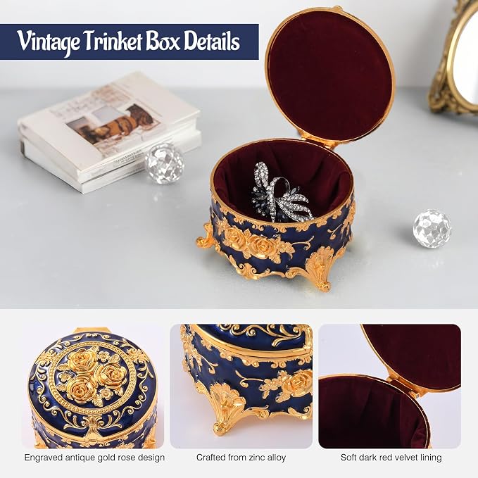 Vintage Jewelry Box, Gold Round Treasure Ring Box, Metal Trinket Organizer Keepsake Box Gift for Girl Women, Deep Blue - Image 5