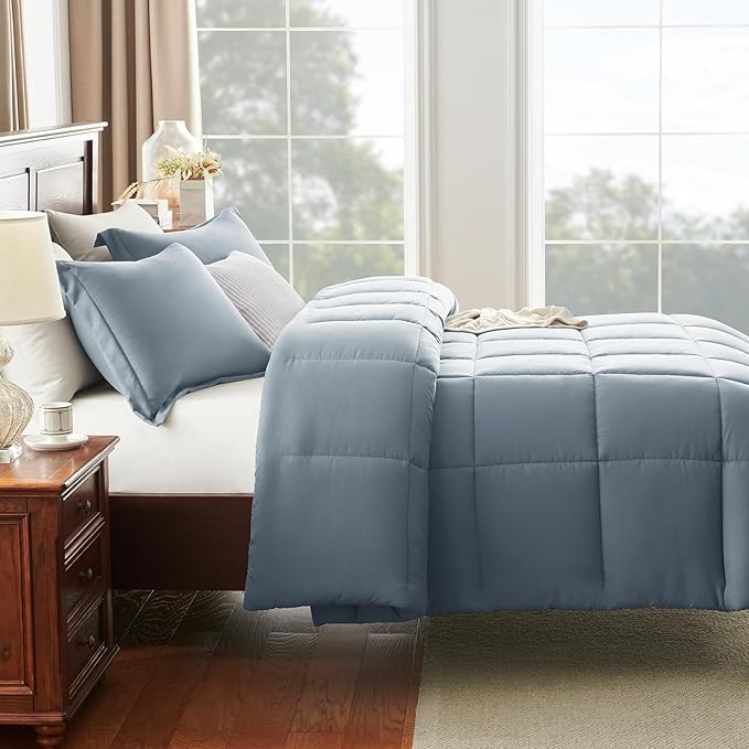 CozyLux Full Size Comforter Sets - Grayish Blue Comforter Full Size, 3 Pieces Box Stitched Bed Set for All Seasons, Soft Lightweight Bedding Sets with 1 Down Alternative Comforter and 2 Pillow Shams