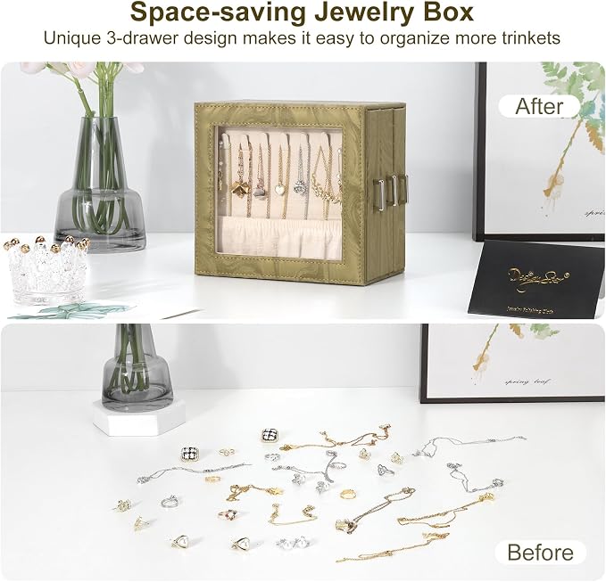 DesignSter Jewelry Box Organizer, Jewelry Box for Women, PU Jewelry Organizer Display Case with Side Drawers, Jewelry Storage for Earring Necklace Ring Bracelet Watch - Image 5