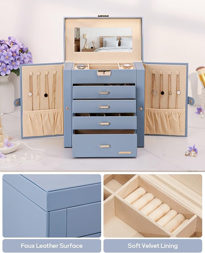 Homde Synthetic Leather Huge Jewelry Box Mirrored Watch Organizer Necklace Ring Earring Storage Lockable Gift Case (Grey Blue + Gold) - Image 6