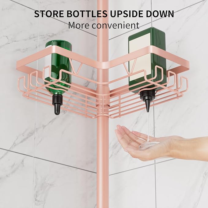 DAOYA Corner Shower Caddy Tension Pole - 4‑Tier Adjustable Shower Shelf Organizer Space‑Saving Bathroom Storage for Bathtub or Floor, Apricot - Image 3
