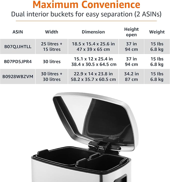 Amazon Basics Dual Compartment Recycling Trash Can with Soft-Close Lid, Fingerprint Resistant, Removable Liner Buckets, 60 Liters, Rectangular, Grey, Silver - Image 5