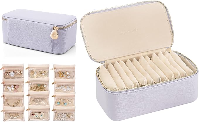 VLANDO Travel Jewelry Box Organizer – Portable PU Leather Jewelry Case with 6/8/12 Zippered Pouches, Compact Storage for Earrings Rings Necklaces Bracelets, Lilac Purple by VLANDO