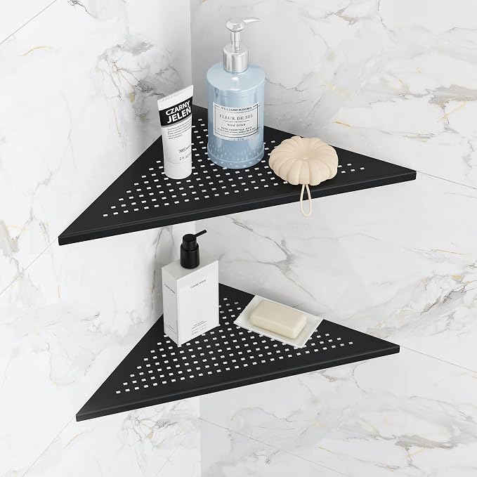 Qeke 2 Pack Bathroom Corner Shelf, Recessed 12" Corner Shower Shelf, SUS304 Stainless Steel Triangular Wall Mount, No Drilling, Matte Black by Qeke