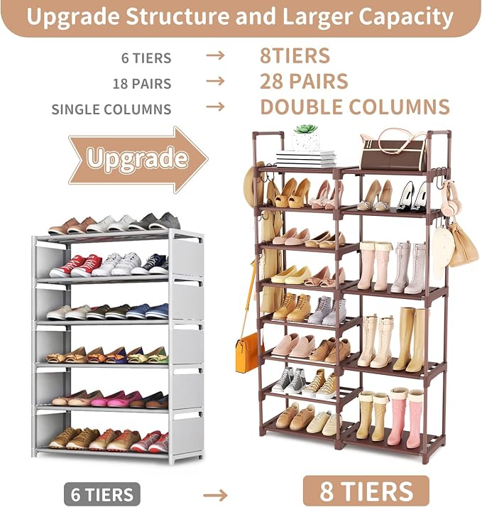 ROJASOP Shoe Rack Organizer, 8-Tier Metal Shoe Rack for Closet Entryway Garage, 26-32 Pairs Tall Shoe Boot Storage Shelf with 15 Hooks, Stackable Large Shoe Stand, Brown - Image 4