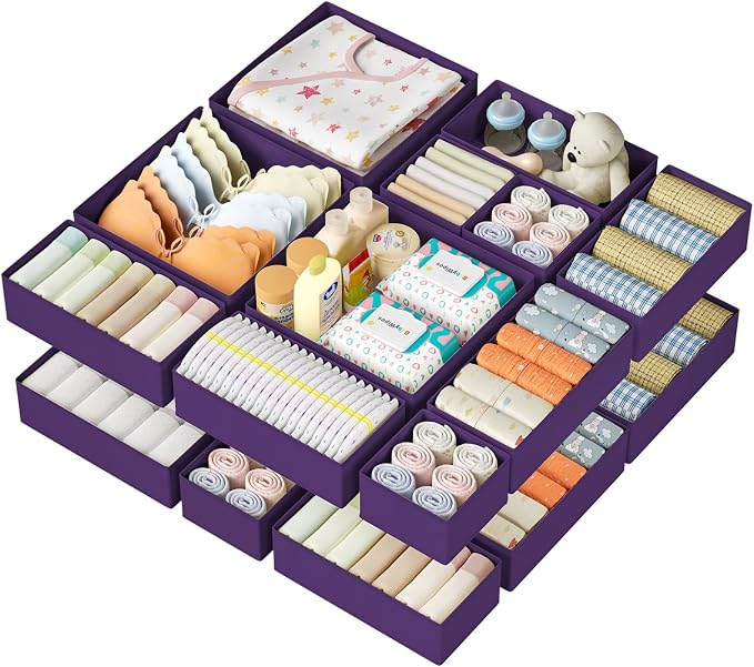 DIMJ Drawer Organizer Clothes 15 Pack - Foldable Baby Organizers and Storage & Dresser Organizer for Bedroom, Closet - Nursery Organization Dresser Dividers for underwear, Sock,Bra, Belt, Tie, Purple by DiMJ