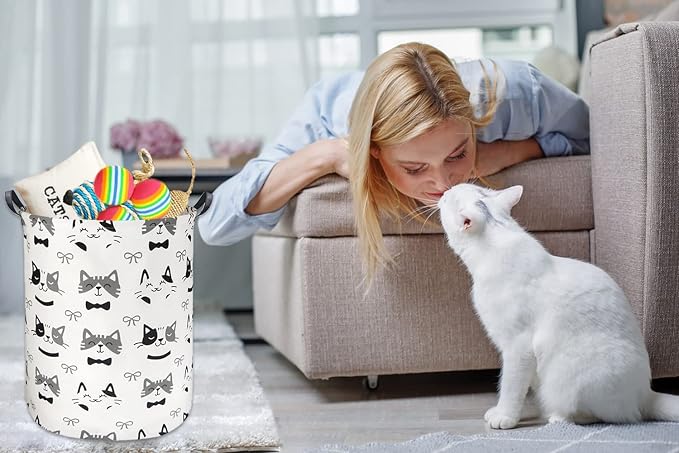 HIYAGON Large Storage Baskets,Waterproof Laundry Baskets,Collapsible Canvas Basket for Storage Bin for Kids Room,Toy Organizer,Home Decor,Baby Hamper(Bowknot Cat) - Image 2