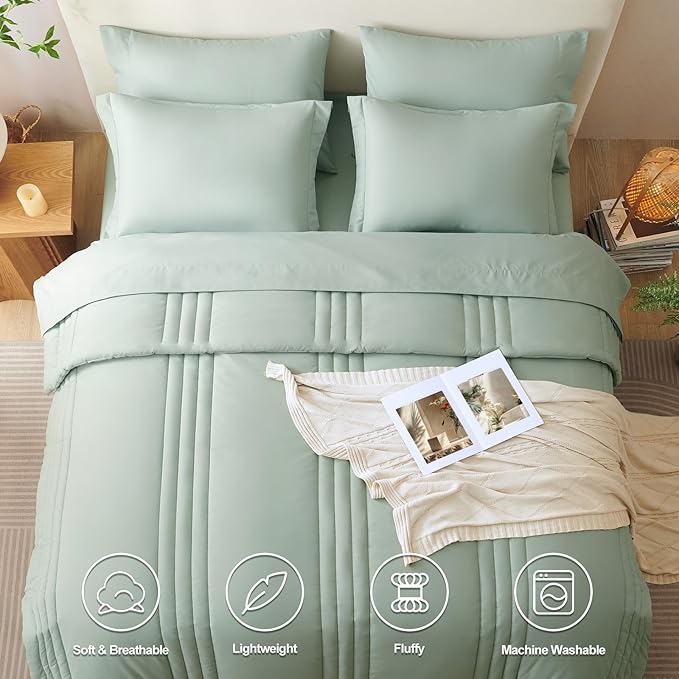 CozyLux King Size Comforter Sets - 7 Piece Bed in a Bag Sage Green Comforter Set with Sheets Luxury Bed Set All Seasons, Soft Bedding Set with Down Alternative Comforter, Sheets, Pillowcases & Shams