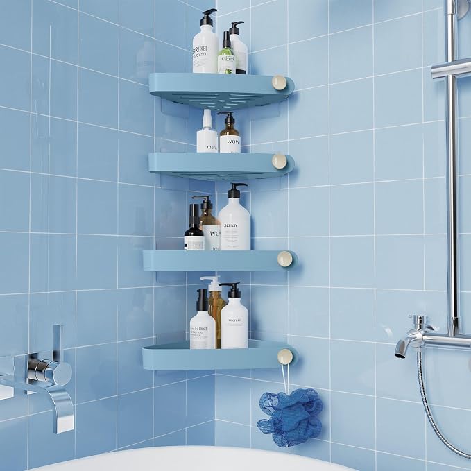 Sotfamily Plastic Shower Caddy Corner (For 90° Only), 4 Pack Adhesive Corner Shower Shelves for Bathroom Organizers and Storage, Light Blue by Sotfamily