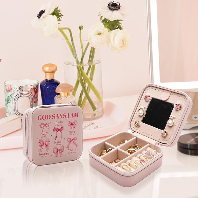God Says I Am Jewelry Box Inspirational Christian Gifts Religious Faith Based Gift Bible Verse Jewelry Case Pink Coquette Bow Travel Jewellery Organizer - Image 5