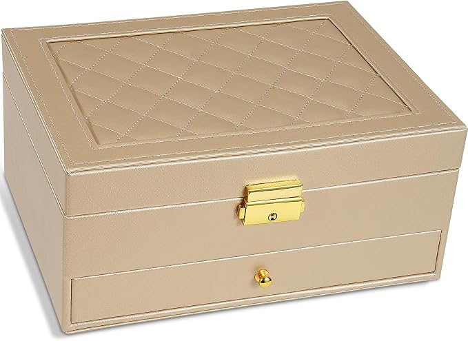 GUOER Jewelry Box for Women Girl Wife - Large PU Leather Jewelry Organizer Storage Case with Two Layers Display for Earrings Bracelets Rings Watches (Champagne) by GUOER