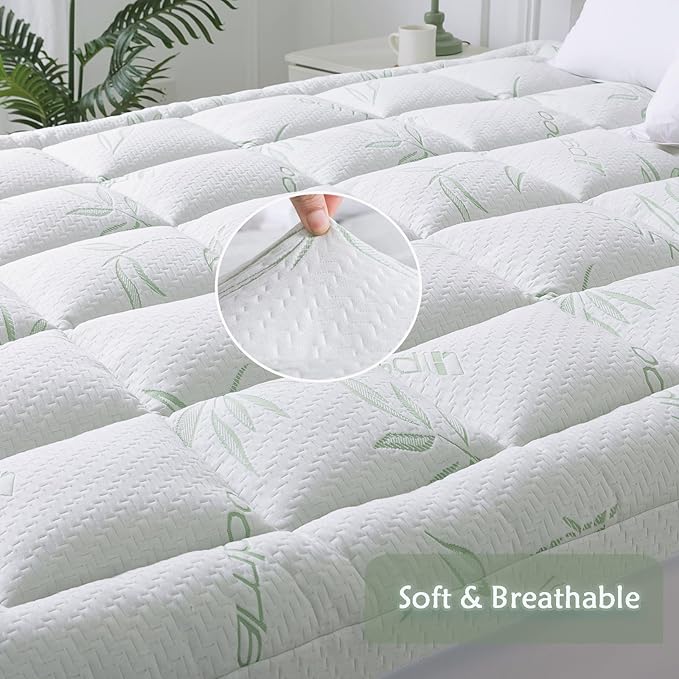 WhatsBedding Twin Mattress Topper, Soft Pillow Top Mattress Topper with Deep Pocket Fits 8–21 Inch,7D Spiral Fiber Filling, Bamboo Viscose Air Layer Mattress Topper Twin Size.