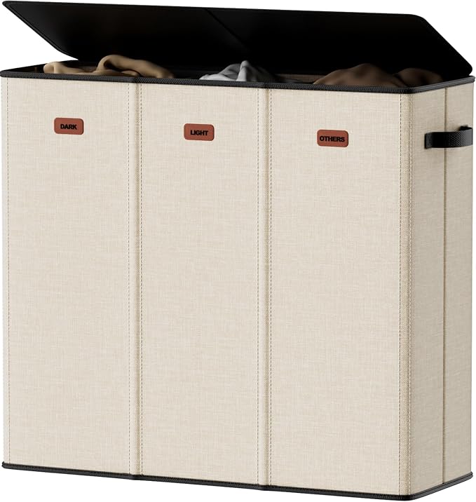 185L Laundry Hamper 3 Section, Laundry Hamper with Lid, Dirty Clothes Hamper with 3 Removable Washing Bags, Extra Large Laundry Basket Organizer for Bedroom, Laundry Room, Dorm - Beige by Vexalora