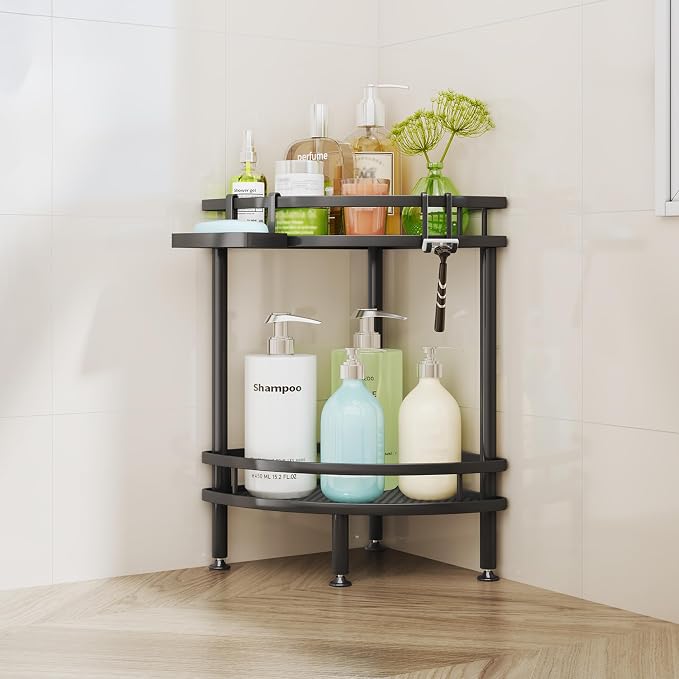 HapiRm Standing Corner Shower Caddy - 2 Tier Shower Organizer Corner with Soap Holder and 2 Hooks, Rustproof Bathroom Storage Shelves with Adhesives, Black by HapiRm