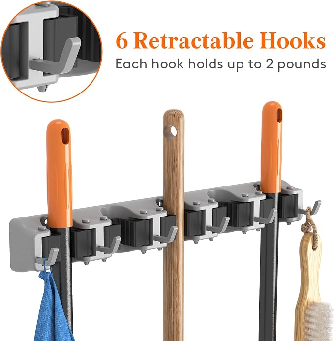 Lifewit Mop and Broom Holder Wall Mount, Anti-Slip Broom Hanger for Cleaning Supplies Organizer, Easy Install Tool Hanging Rack for Closet, Kitchen, Garage, 5 Slot 6 Hooks, Hold 30lbs, Gray, 2 Pack - Image 4