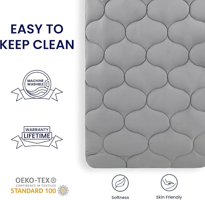 SLEEP ZONE Bedding Quilted Fitted Twin Mattress Pad Cover, Soft Fluffy Pillow Top Bed Mattress Topper Deep Pocket 8-21 inch, Washable (Grey, Twin)