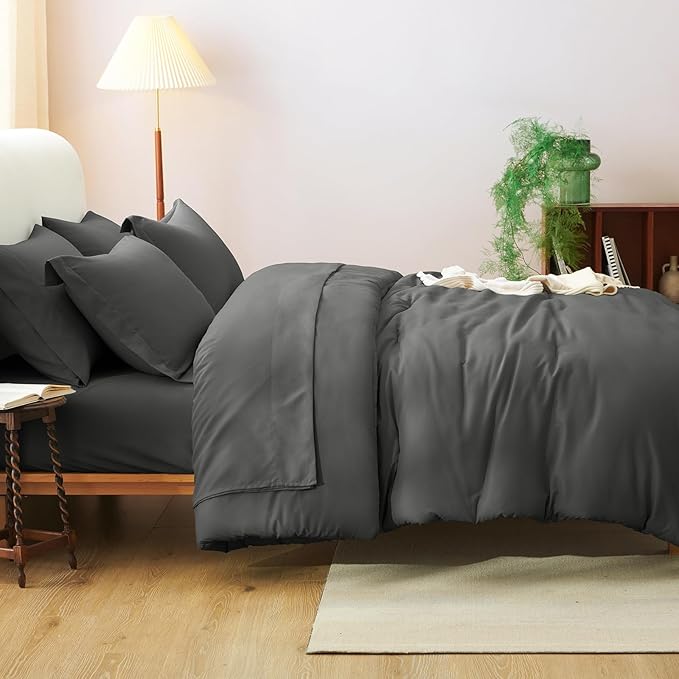 CozyLux Oversized Queen Comforter Set Dark Grey, 7 Pieces Bed in a Bag Comforter Set with Sheets, Dark Gray Luxury Soft Bedding Sets with Down Alternative Comforter, Sheets, Pillowcases & Shams