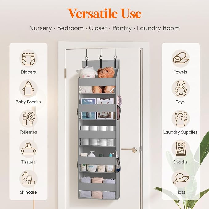 Lifewit 1 Pack Over the Door Organizer, Clear Window Hanging Storage with 4 Side Pockets, Anti Tilt 40 lbs Load Behind Door for Pantry, Nursery, Bathroom, Bedroom, Dorm, 5 Section, Light Gray - Image 6
