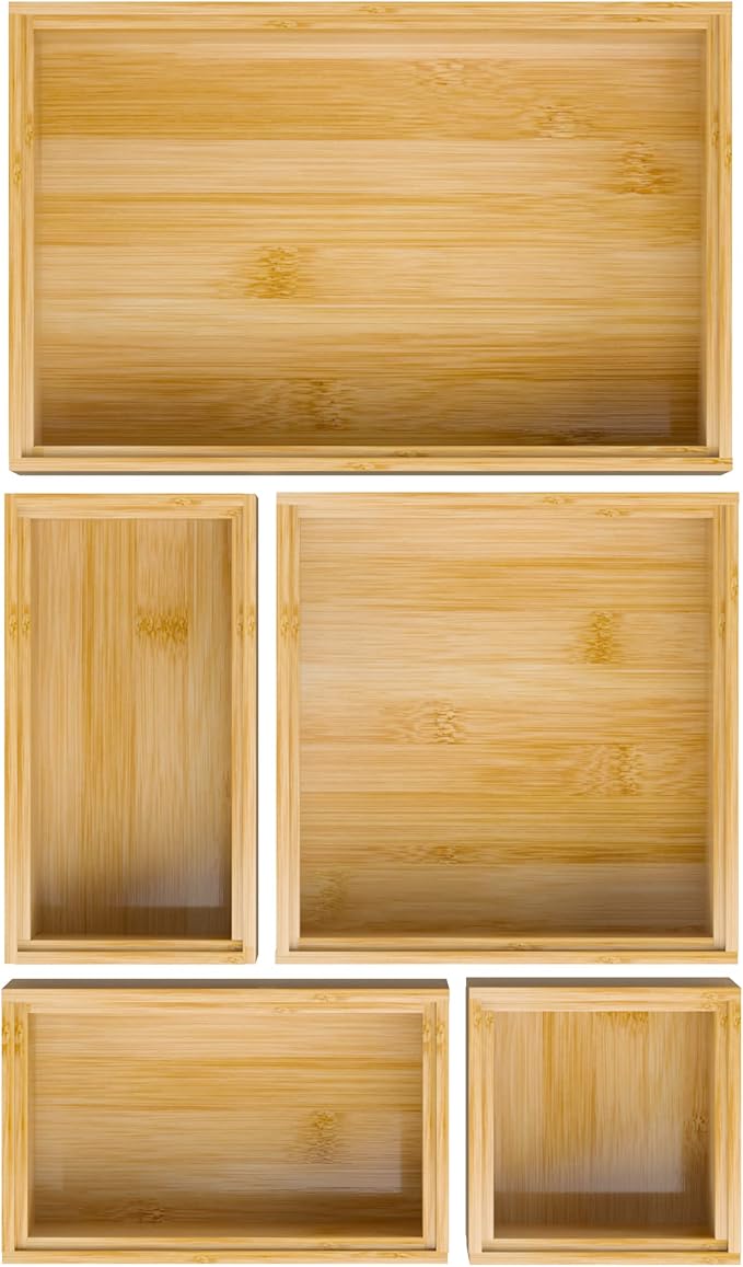 Bamboo Bathroom Drawer Organizer Dividers, Wooden Kitchen Utensil Holder Set of 5, Stackable Junk Drawer Organizer Tray, Multi-Use Storage Bins Boxs for Home, Office, Clothing, Makeup, Jewelry by Bambloom