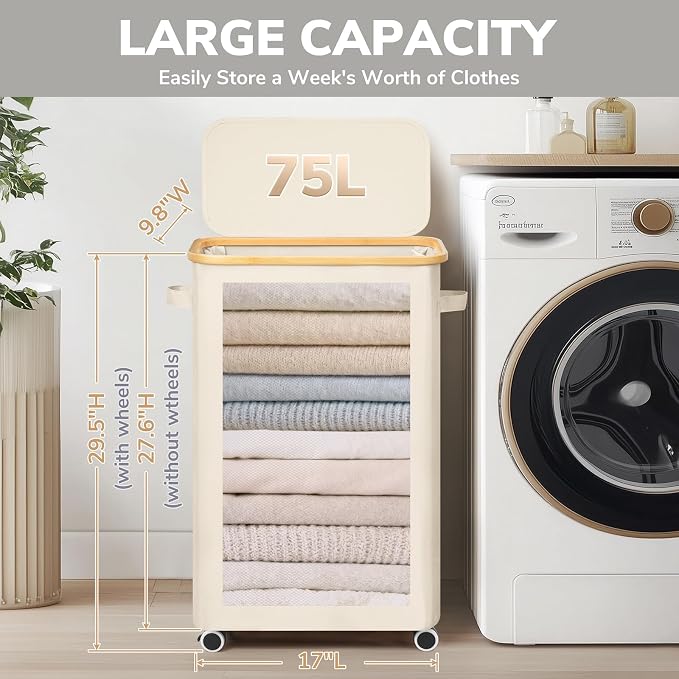 Goodpick Slim Laundry Basket with Wheels and Lid, 75L Narrow Laundry Hamper with Handles Removable Bag, Rolling Clothes Hamper for Dorm Bathroom Bedroom, 17" x 9.8" x 29.5", Beige - Image 3