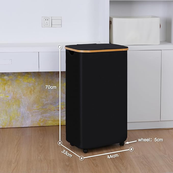 Laundry Basket with Wheels,100L Hampers for Laundry,Black Large Laundry Hamper with Lid and Bamboo Handles,Collapsible & Waterproof Tall Cloth Hamper for Dormitory Family - Image 4