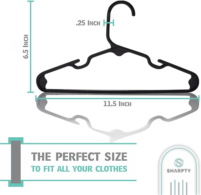 Sharpty Kids Plastic Hangers, Children's Hangers for Baby, Toddler, and Child Clothes - Everyday Standard Use - Ideal for Boys and Girls Closet, Clothing, Pants, Coats, and More - Black, 60 Pack - Image 3