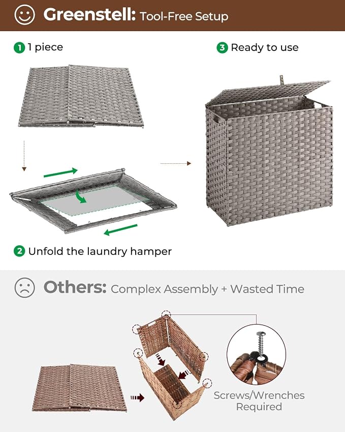 Greenstell Laundry Hamper with lid, No Install Needed, 130L Wicker Laundry Baskets Foldable 2 Removable Liner Bags, 2 Section Clothes Hamper Handwoven Rattan Laundry Basket with Handles, Gray - Image 5