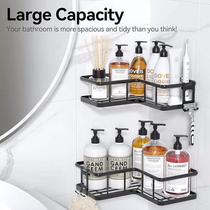 YASONIC Corner Shower Caddy 2 Pack, No Drill Adhesive Shower Storage Shelves, Rustproof Stainless Steel Wall Mounted Bathroom Organizer Shelf with 2 Removable Hooks for Dorm & Renters, Black - Image 9