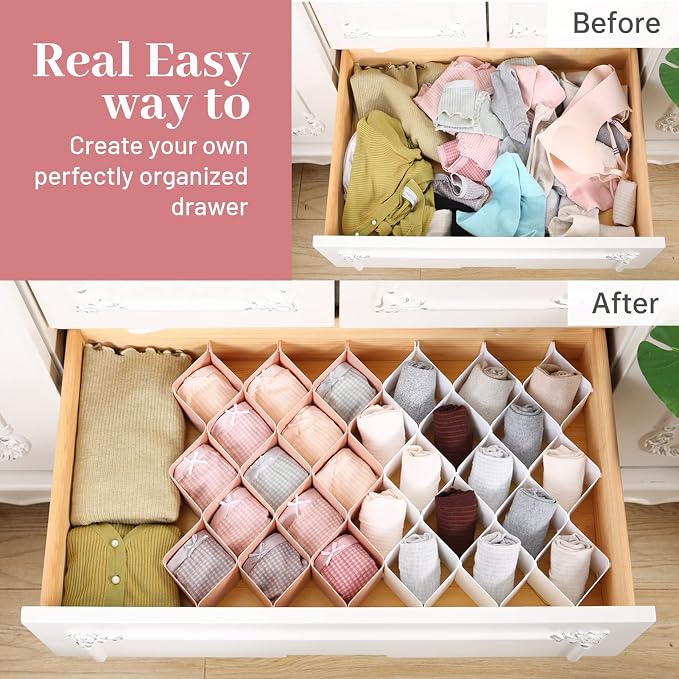 ROUFA Sock Drawer Organizer for Dresser, Honeycomb Underwear Dividers for Women, Panty Separator for Bras, Socks, Belt and Leggings (24pcs.Pink) - Image 3